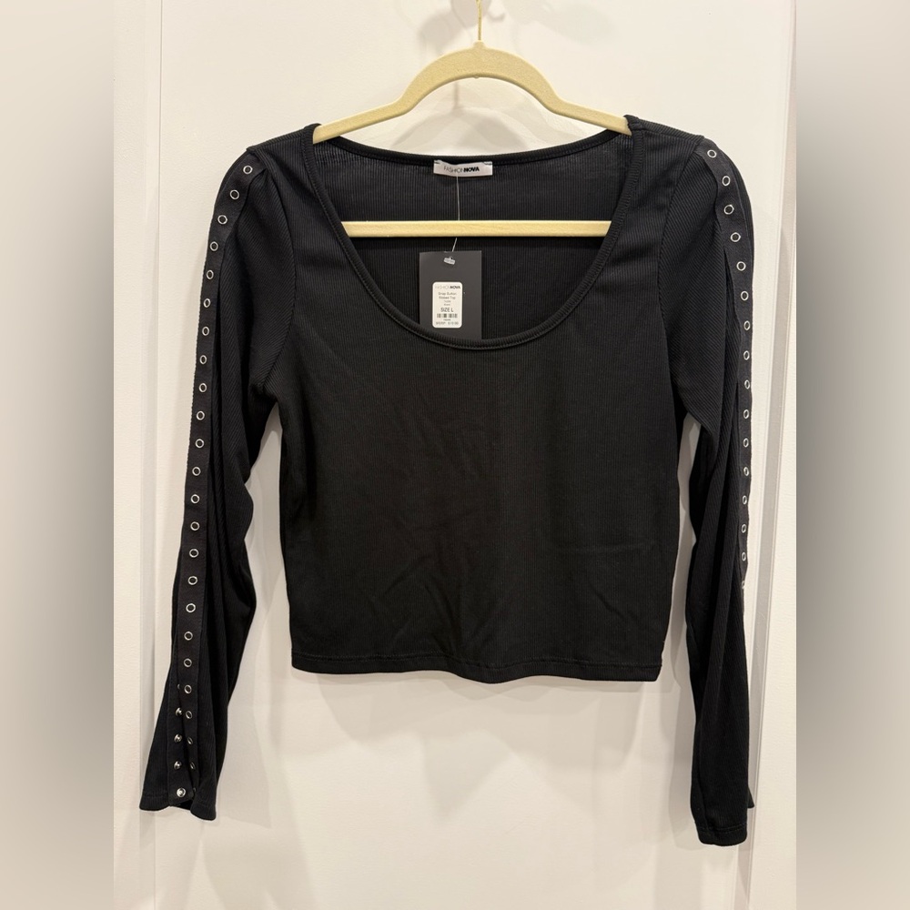 Fashion Nova Black Ribbed Long Sleeve Crop Top | Size Large | NWT